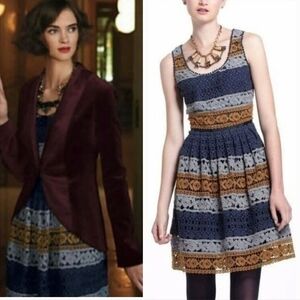 Maeve Crochet Mini Dress Gold Blue Striped Anthropologie Maeve Knit Lace 0